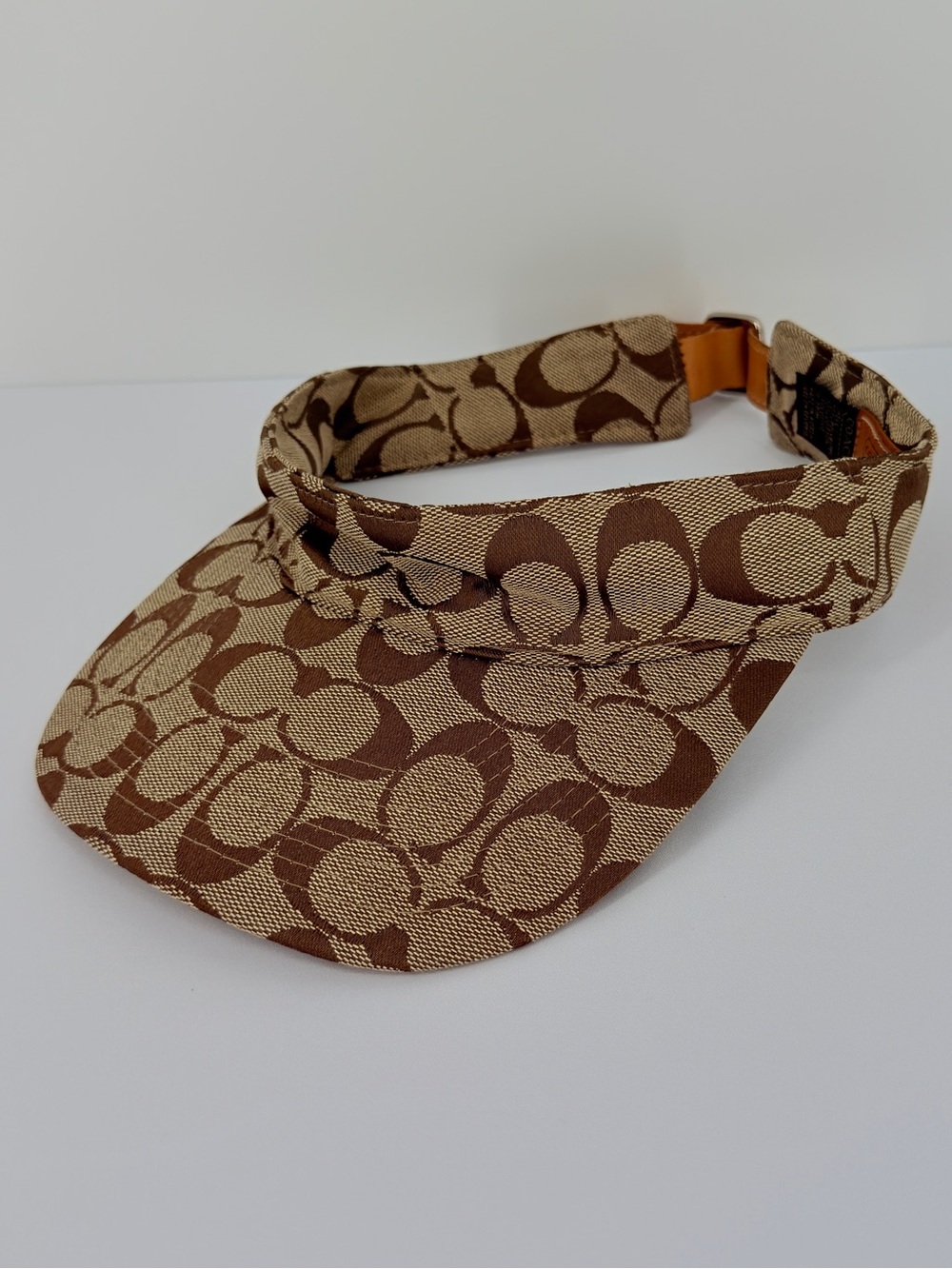 Coach Signature Logo Jacquard Visor Hat Khaki Brown Adjustable Sun Visor - Picture 2 of 9